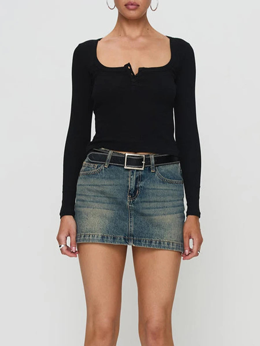 Women Crop Fitted Tops Trendy Solid Color Square Neck Button Long Sleeve Henley Shirt Fall Winter Casual Blouse for Daily Life