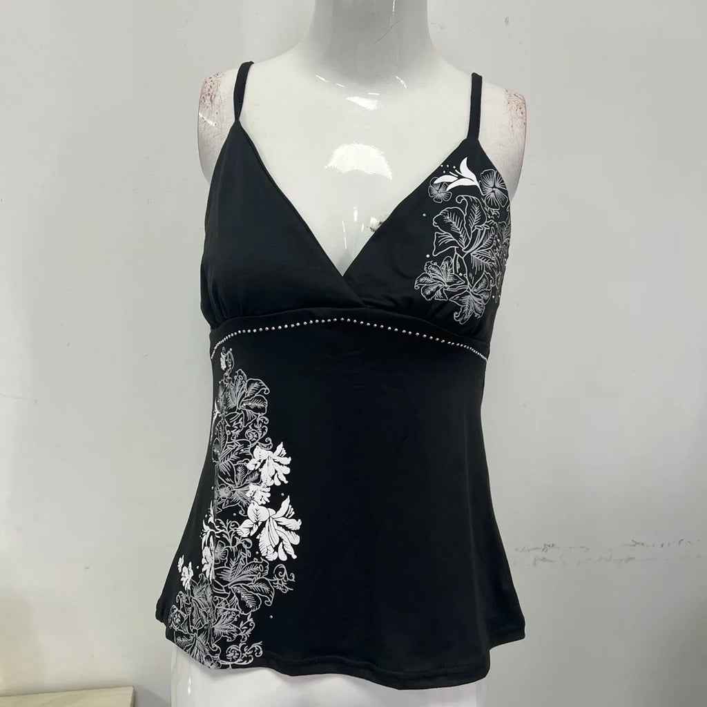 Y2K Vintage Black Suspender Tops Women Harajuku Flower Graphic Print Rivet Mini Camis Cotton Gothic Sexy Hottie Summer Clothes