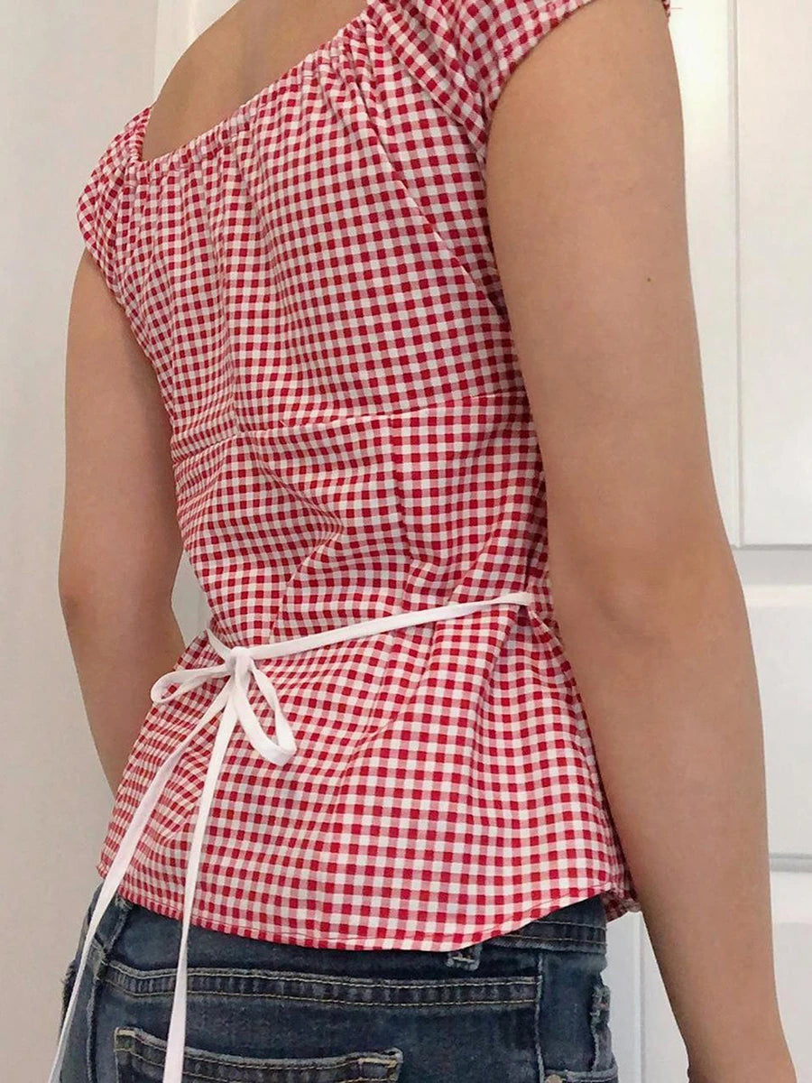 Women Y2k Gingham Tank Top Sleeveless Coquette Aesthetic Plaid Print Cami Crop Top Summer Fairycore Grunge Top Streetwear