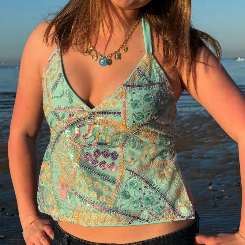 Y2k Aesthetic Sequin Beaded Tank Tops for Woman Sleeveless Halter Neck Crop Vest V Neck Backless Cami Tops Streetwear Going Out
