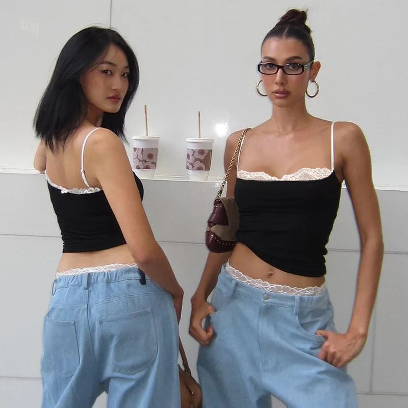 Cryptographic Summer Lace Trim Camisole Tops Club Party Outfits Backless Streetwear Sleeveless Crop Top Coquette Clothes