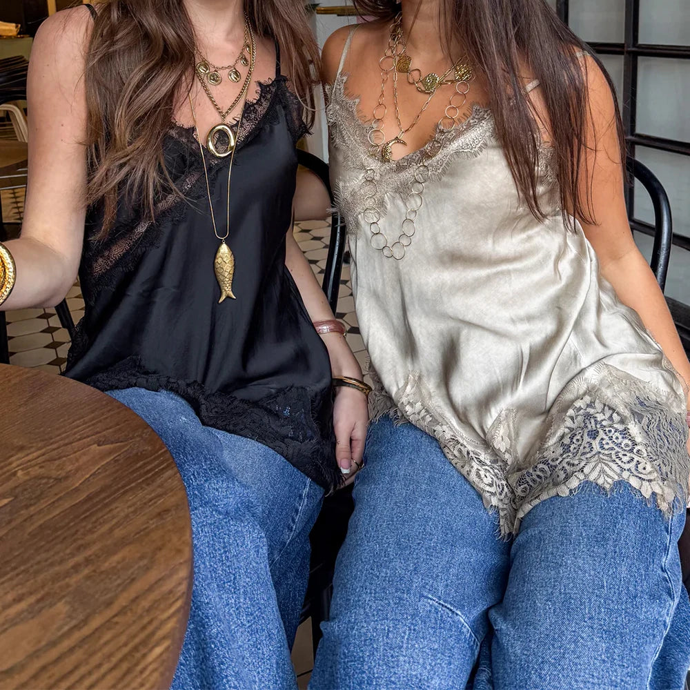 Women Retro Boho Lace Trim Satin Tank Tops V Neck Silk Camisole Tops Asymmetrical Backless Spaghetti Strap Tank Cami Shirts