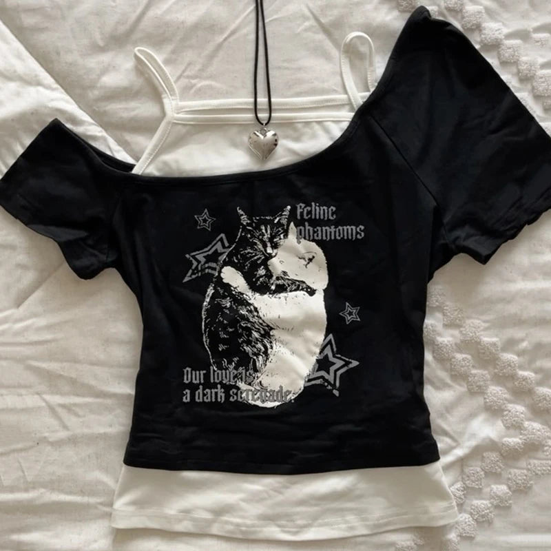 Asthetische Goth Fledermaus Brief Y2K Stil zweitelige T-Shirt Kurzarm Weste Harajuku Streetwear Hosentrger Frauen Kleidung Shirt