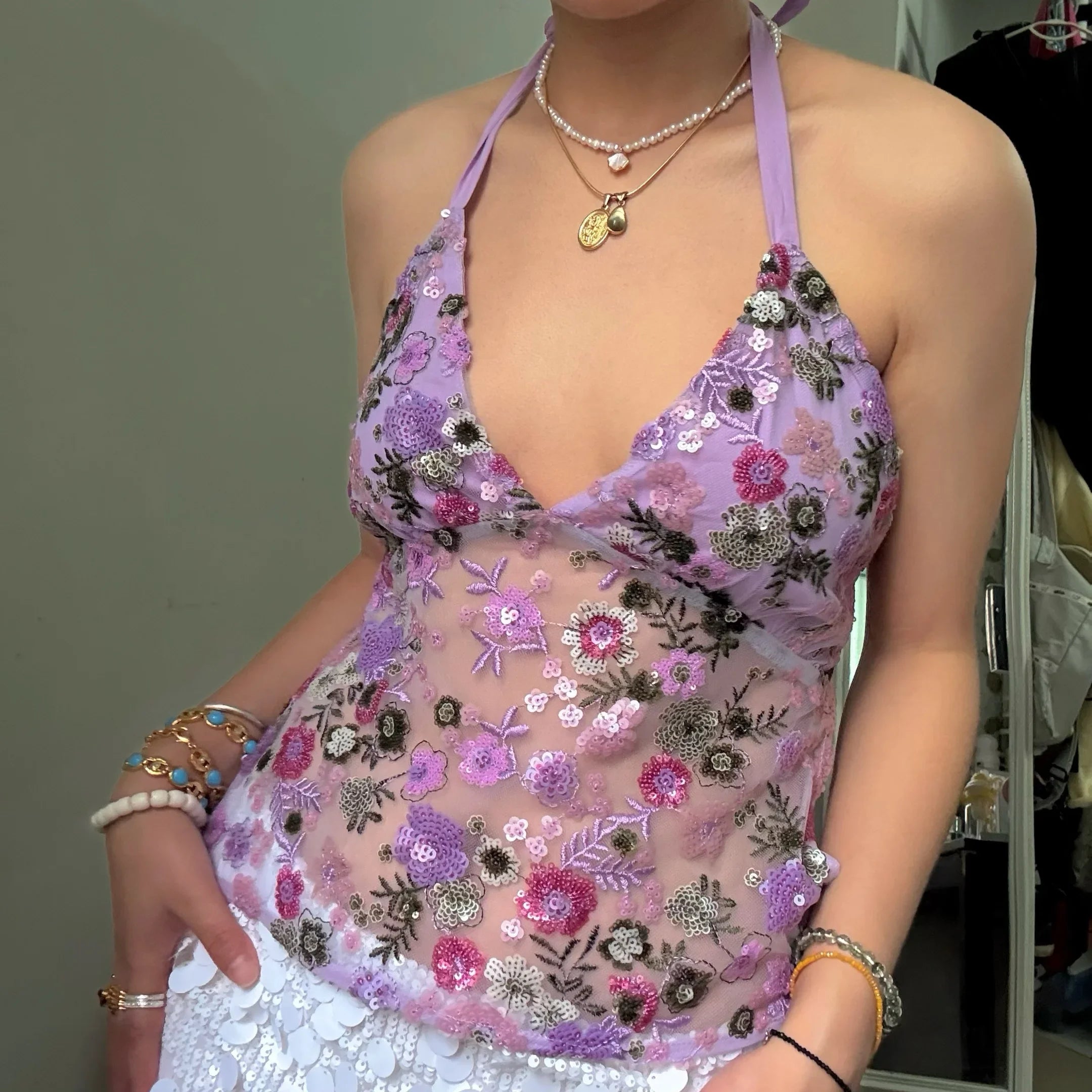 Sequin Halter Top for Women Sexy Deep V Neck Beaded Tops Sparkly Glitter Tank Top Going Out Rave Outfits Party Clubwear