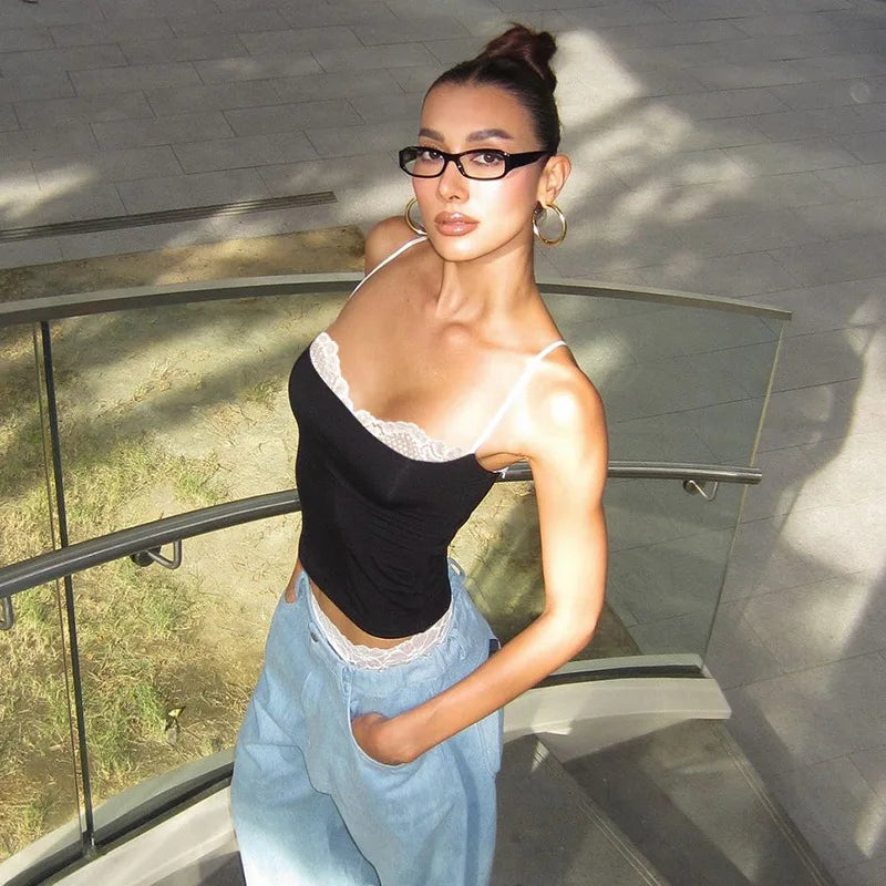 Cryptographic Summer Lace Trim Camisole Tops Club Party Outfits Backless Streetwear Sleeveless Crop Top Coquette Clothes