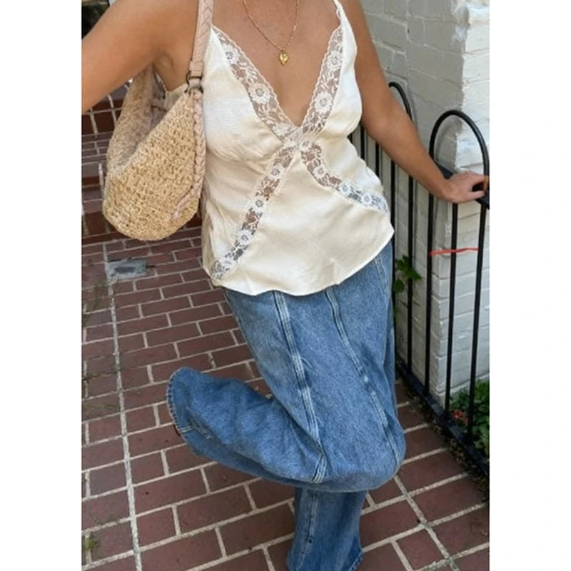 Combhasaki Women Lace Trim Satin Tank Tops Silk Spaghetti Strap V Neck Mesh Lace Camisole Top Y2K Flowy Going Out Layering Top